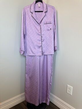 Victoria’s Secret Satin Pajama Set Medium Purple Monogram Print Button Top Pants